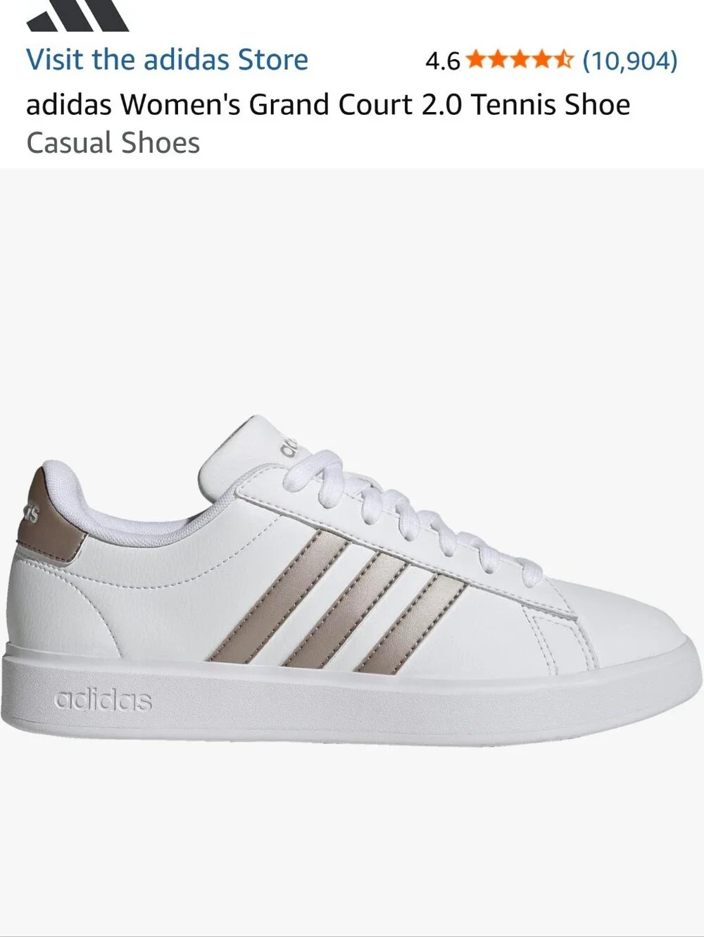 adidas Women's Grand Court 2.0 Sneakers - White with Metallic Taupe Stripes